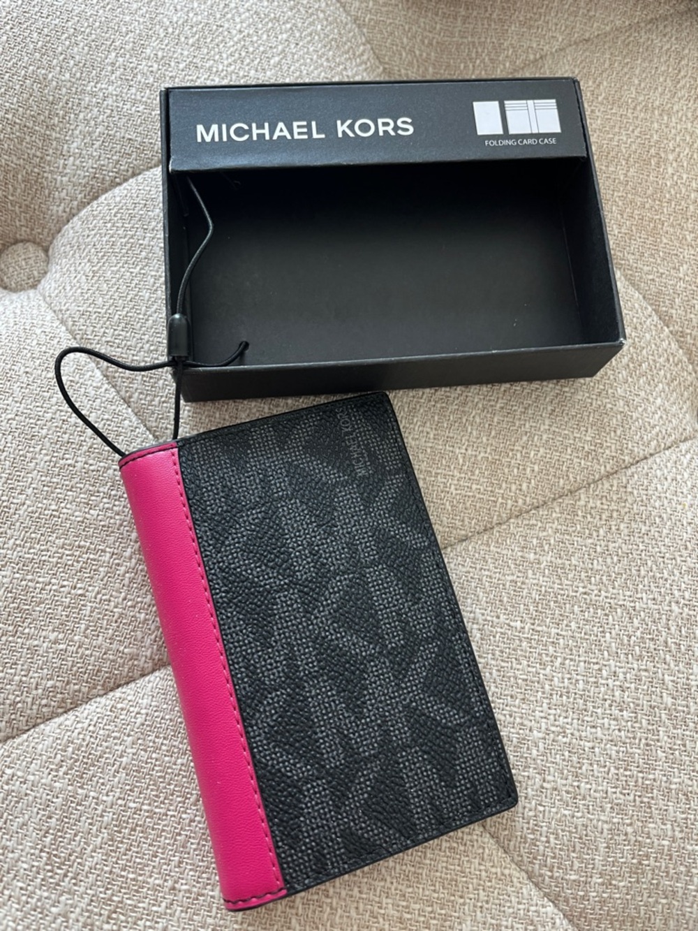 Michael Kors Black & Pink Monogram Folding Card Case with Wrist Strap